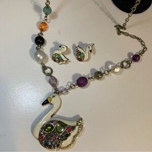Anna Sui Rhinestone Swan Necklace Earrings 3 Piece Jewelry Set